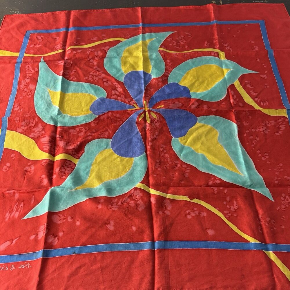 Nona McKinney Scarf 1992 34”x34” Square Two Sided Red With Yellow & Blue Floral - Picture 7 of 7